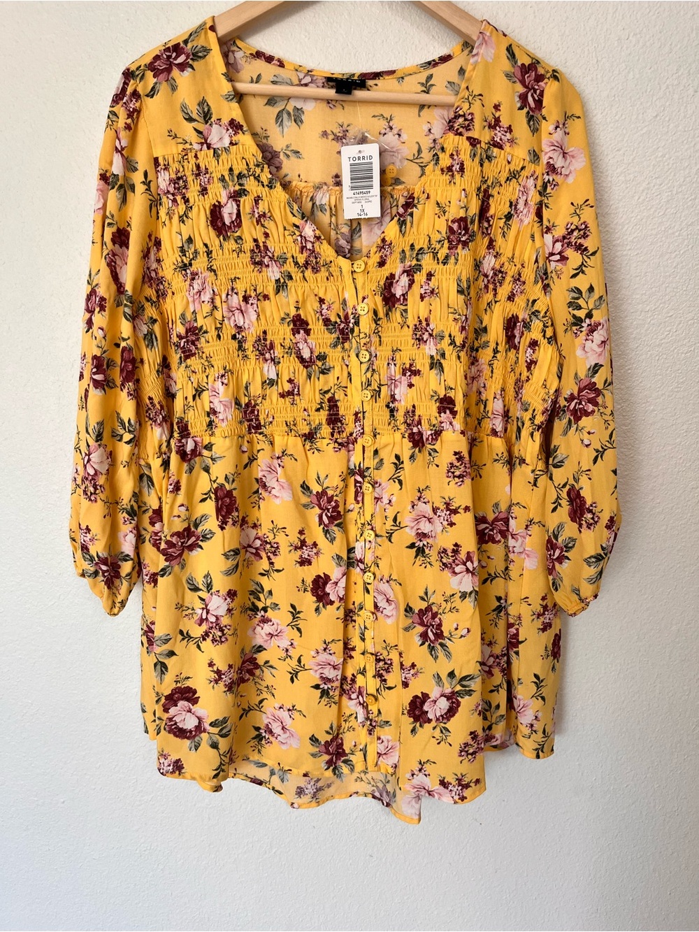 torrid yellow floral smocked button-front tunic